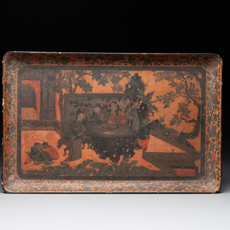 A Chinese polychrome lacquer 'games in the noble garden' tray, 18/19th C.