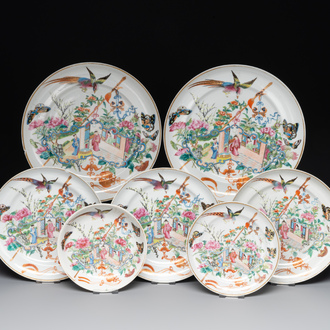 Seven fine Chinese Canton famille rose dishes and plates, 19th C.