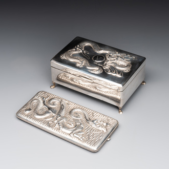 A Chinese silver 'dragon' box and a tobacco box, Sheng chang 昇昌 mark, 19th C.