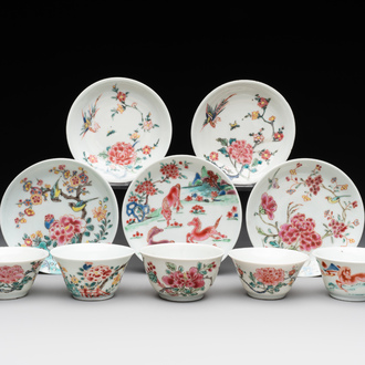 Five Chinese famille rose cups and saucers with horses, birds and flowers, Yongzheng/Qianlong