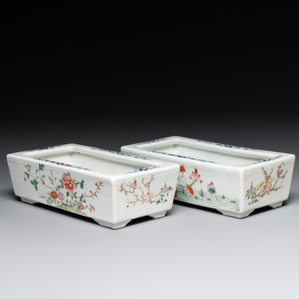 A pair of rectangular Chinese famille rose jardinieres with floral design, Republic