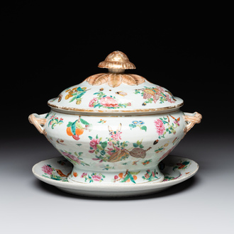 A Chinese Canton famille rose covered tureen on stand with flowers, fruits and insects, 19th C.