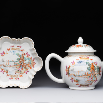 A Chinese famille rose Meissen-style teapot and stand, Qianlong