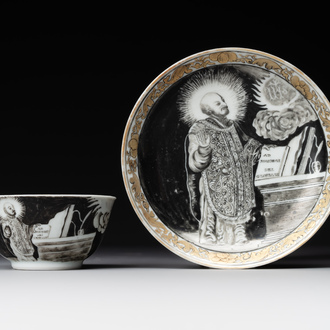 A rare Chinese grisaille and gilt cup and saucer with Ignatius of Loyola, Qianlong