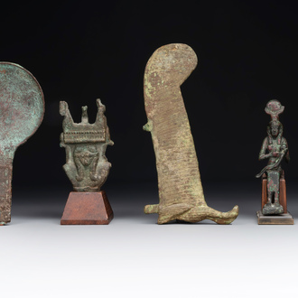 A varied collection of five bronze figures and utensils, Egypt, 3rd/1st C. B.C.