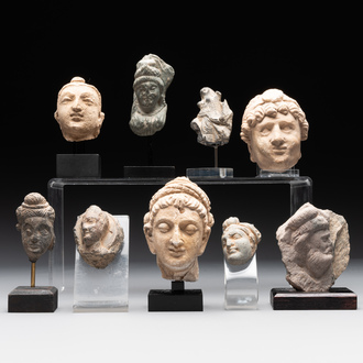 A collection of 9 Gandhara grey schist and stucco fragments of Buddha and divinities, 1/2nd C.
