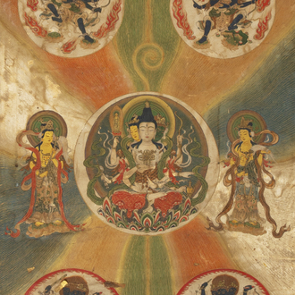 A rare Japanese Buddhist painting depicting Usnisavijaya, signed Ku Yue Baixie 哭月拜寫, probably 17/18th C.