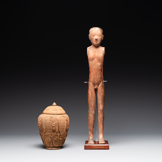 A Chinese painted pottery stick man figure and a pottery 'zodiac' offering vessel, Han/Song