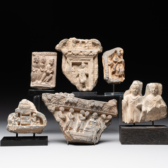 A collection of six Gandhara grey schist fragments with Bodhisattva, divinities and figures, 2/4th C.