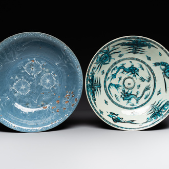 A Chinese Swatow slip-decorated blue-glazed 'chrysanthemum' dish and a turquoise- and black-enamelled 'dragon' dish, Ming