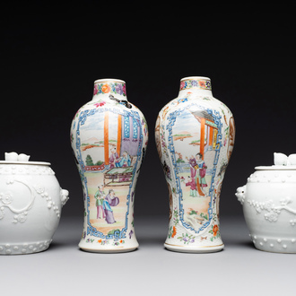 A pair of Chinese Canton famille rose vases and a pair of Dehua blanc de Chine drum-shaped covered jars, 19th C.
