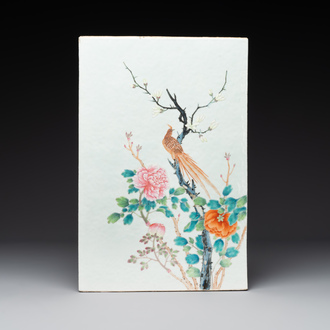 A Chinese famille rose 'pheasant among flowering branches' plaque, 19th C.