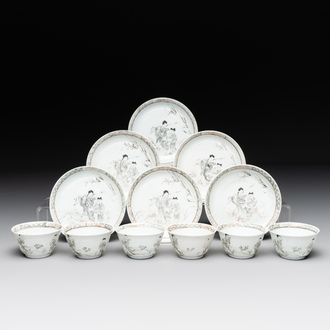 Six Chinese grisaille cups and saucers with Magu and a servant, Yongzheng/Qianlong