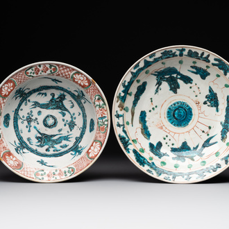 Two Chinese Swatow red-, turquoise- and black-enamelled 'phoenixes' and 'river landscape' dishes, Ming