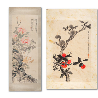 Feng Chaoran 馮超然 (1882-1954) and Jiang Hanting 江寒汀 (1904-1963): 'Peony' and 'Two squirrels on the persimmon tree', ink and colour on paper