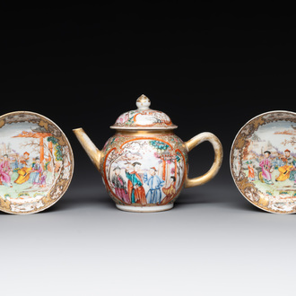 A Chinese Canton famille rose 'mandarin subject' covered teapot and a pair of saucers, Qianlong