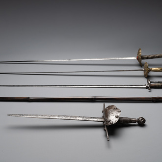 A varied collection of 4 European swords and a walking stick-blade, 17/19th C.