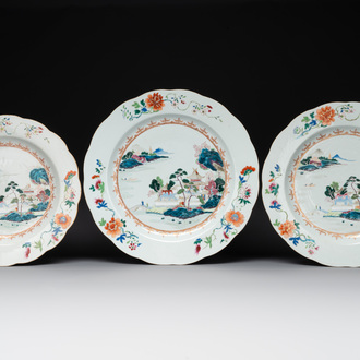 Three Chinese famille rose 'river landscape' dishes, Qianlong