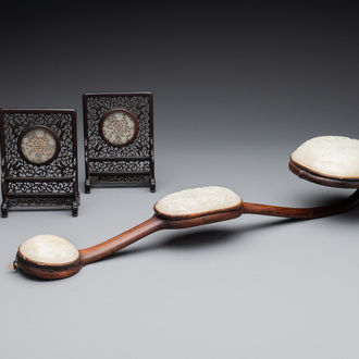 A Chinese wooden ruyi with white jade and a pair of table screens with jade, 19th C.