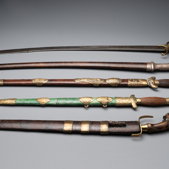 A silver plated dagger and four swords, China, Burma and Indonesia, 18/19th C.