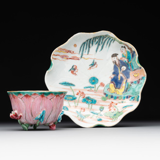 A Chinese famille rose relief-decorated 'lotus' cup and saucer, Yongzheng