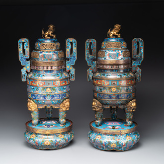 A pair of Chinese cloisonné censers with covers and stands, 19/20th C.