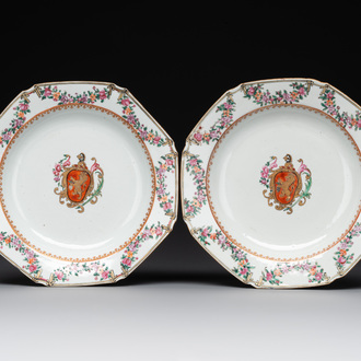 A pair of Chinese famille rose octagonal armorial plates, Qianlong