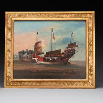 Canton school: 'A merchant vessel in front of the folly fort', oil on canvas, China, 18th C.