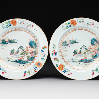 A pair of Chinese famille rose 'river landscape' dishes, Qianlong