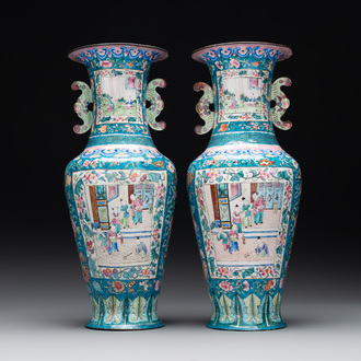 A pair of Chinese Canton enamel vases with narrative design, 19th C.