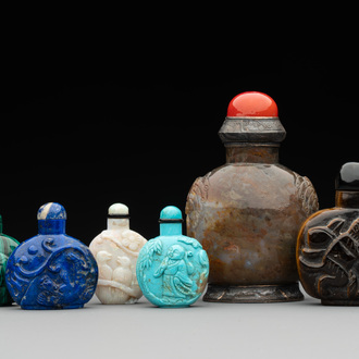 Six Chinese snuff bottles in various carved gemstones, 19/20th C.
