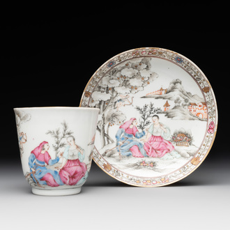 A Chinese famille rose 'erotic subject' cup and saucer, Yongzheng/Qianlong