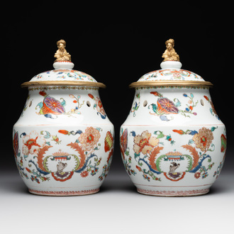 A pair of Chinese famille rose 'Madame de Pompadour' pot-pourri jars with bronze-mounted covers, Qianlong, ca. 1745