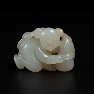 A Chinese white jade sculpture of a boy and a double gourd, Qing