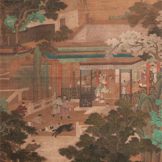 Chinese school: 'A bear breaks into the palace', ink and colour on silk, Qing