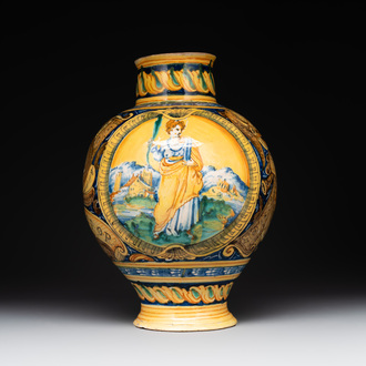 A large Italian maiolica drug jar with trophies, Casteldurante, 2nd half 16th C.