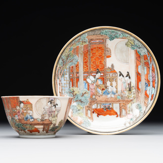 An exceptional Chinese famille rose semi-eggshell porcelain cup and saucer with fine figural design, Yongzheng