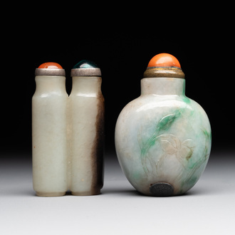 A Chinese jade conjoined double-snuff bottle and a jade 'lily' snuff bottle, 19th C.