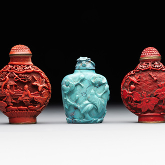 A Chinese carved turquoise snuff bottle and two red lacquer snuff bottles, Qianlong mark, 19/20th C.