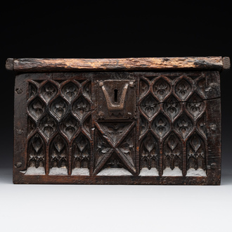 A Gothic wrought iron-mounted oak chest, probably France, 14/15th C.
