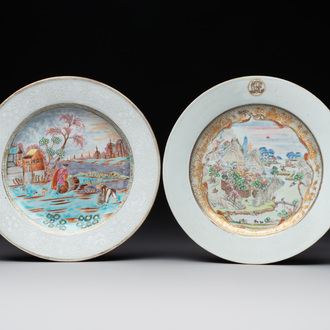 A Chinese famille rose Meissen-style plate and a monogrammed Canton famille rose plate, Qianlong