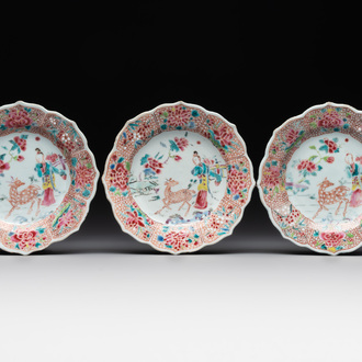 Three Chinese famille rose flower-shaped 'He Xiangu' plates, Yongzheng