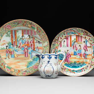 Two Chinese Canton famille rose plates and a ewer, 18/19th C.