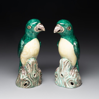 A pair of Chinese verte biscuit parrots, 19th C.