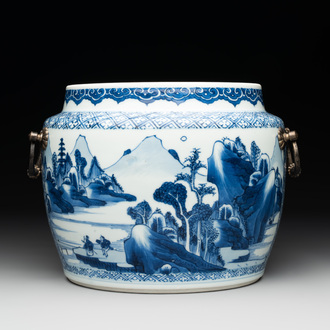 A fine Chinese blue and white 'landscape and antiquities' bowl with silver handles, Kangxi