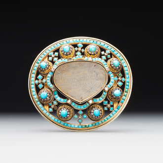 A Mughal gold belt ornament inlaid with jade, diamonds and turquoise, Delhi, Northern India, 17/18th C.