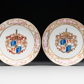 A pair of Chinese famille rose armorial saucers with the arms of Arendsma van Idsinga for the Dutch market, Qianlong