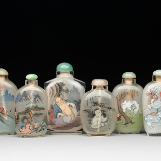 Six Chinese inside-painted glass snuff bottles, 20th C.