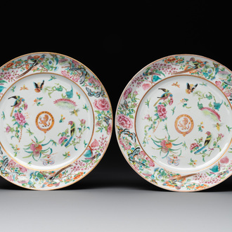 A pair of Chinese Canton famille rose armorial dishes with the arms of Moffat for the English market, 19th C.
