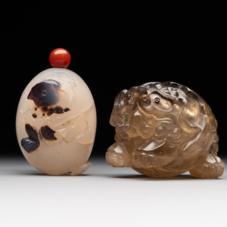 Two Chinese agate snuff bottles in the form of a bird and a pekinese, 19th C.